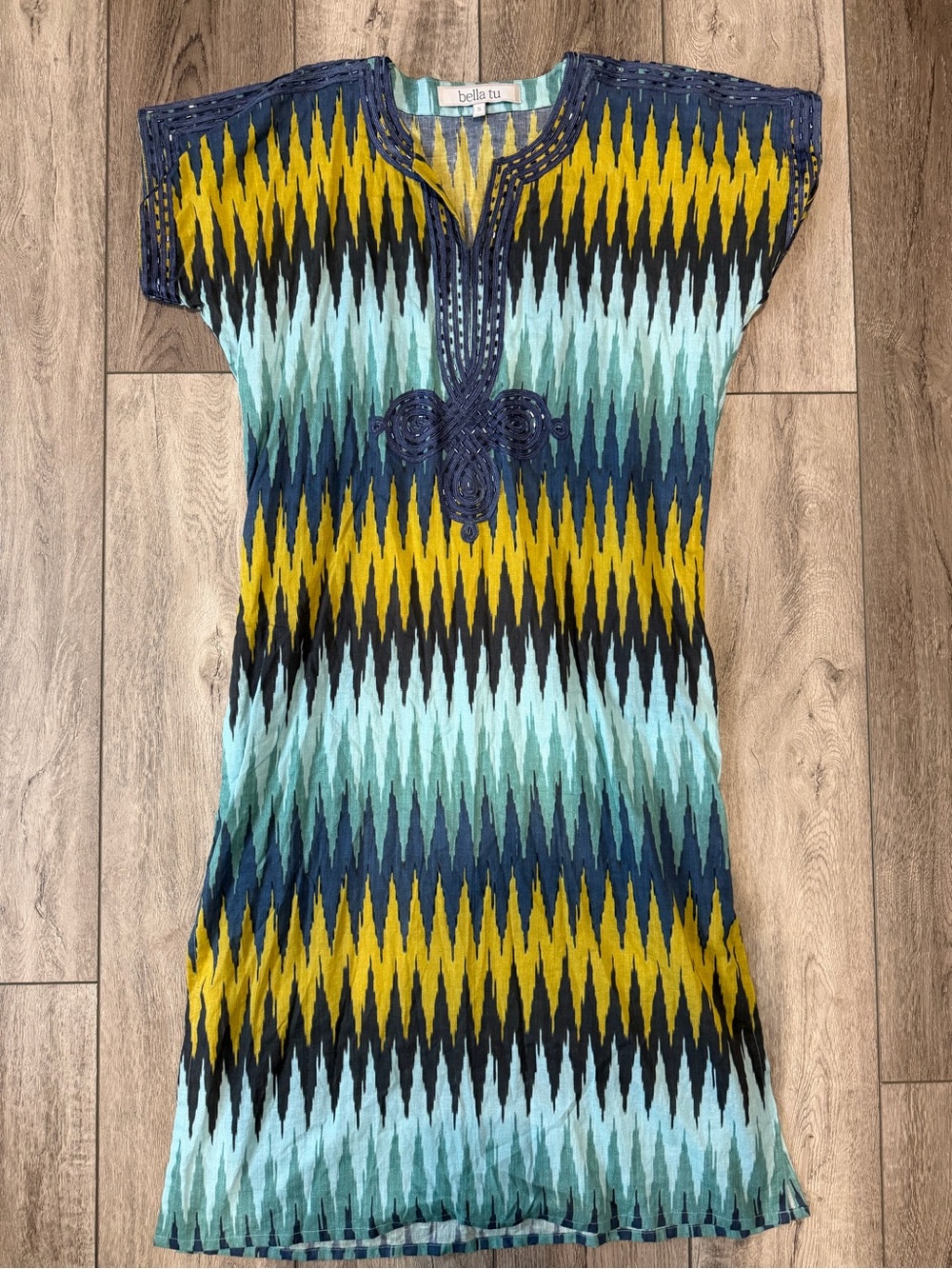 bella tu- Beaded Aztec Print Dress in Teal and Mustard 100% Cotton (S)
